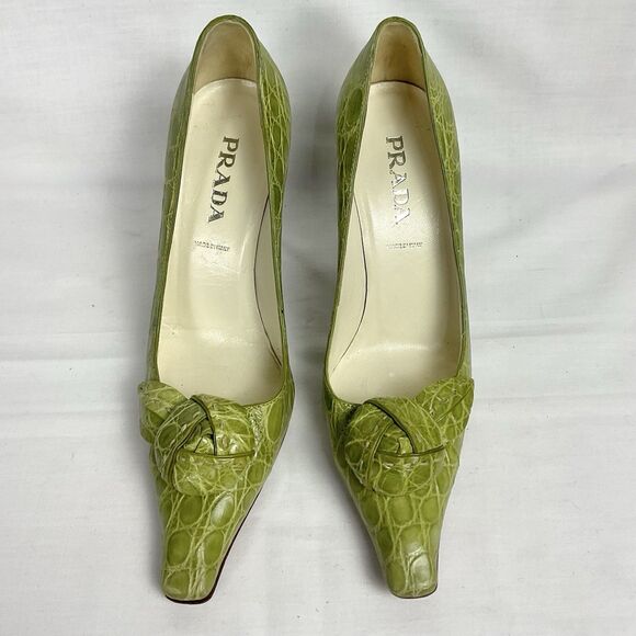 Prada Vintage Knot Croc Print Heels Leather Green Pumps Sz 35.5 (Prada) US 5.5 - Picture 2 of 9